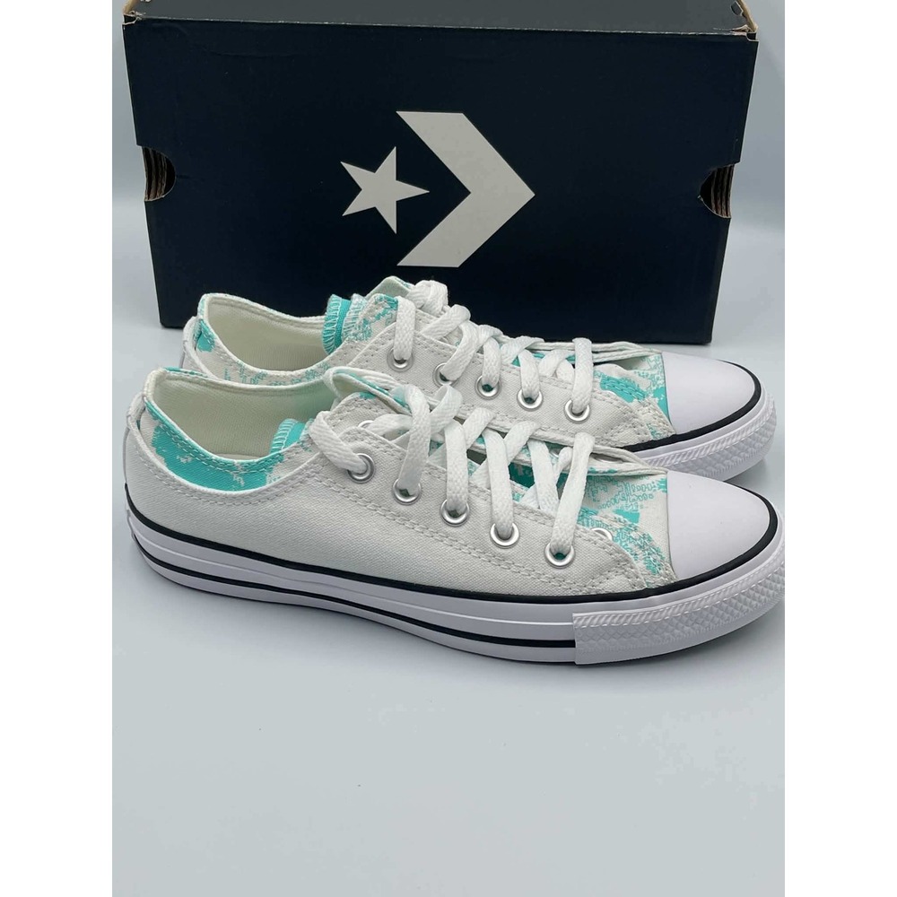 Converse All Star Double Upper Ox White Electric Aqua Sneakers 571360F Womens 8